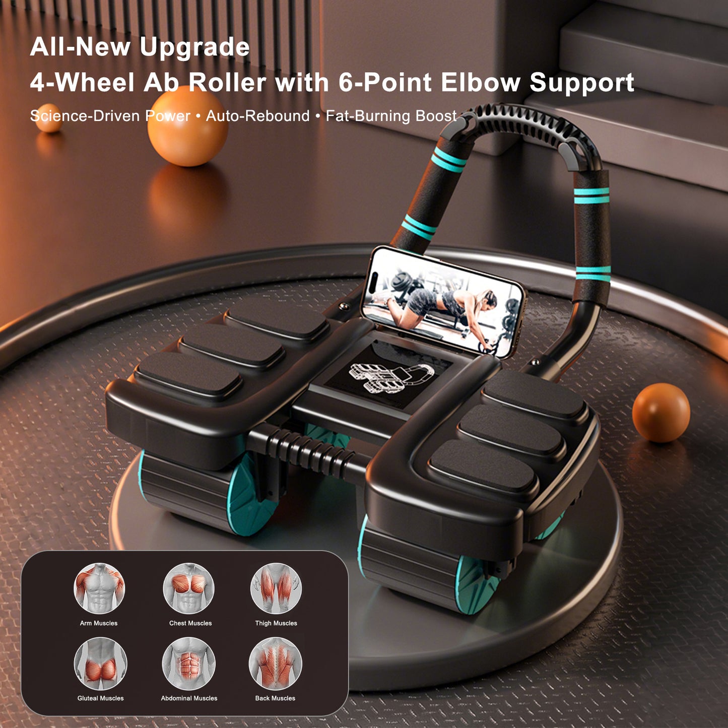 Attrezzatura portatile per palestra domestica Blue Perfect Core Trainer per uomo e donna Ruota per addominali con rimbalzo automatico con supporto per il gomito e stabilità a 4 ruote - Include timer