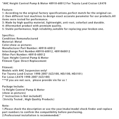 Pompa e motore di controllo dell'altezza AHC 48910-60012 per Toyota Land Cruiser LX470