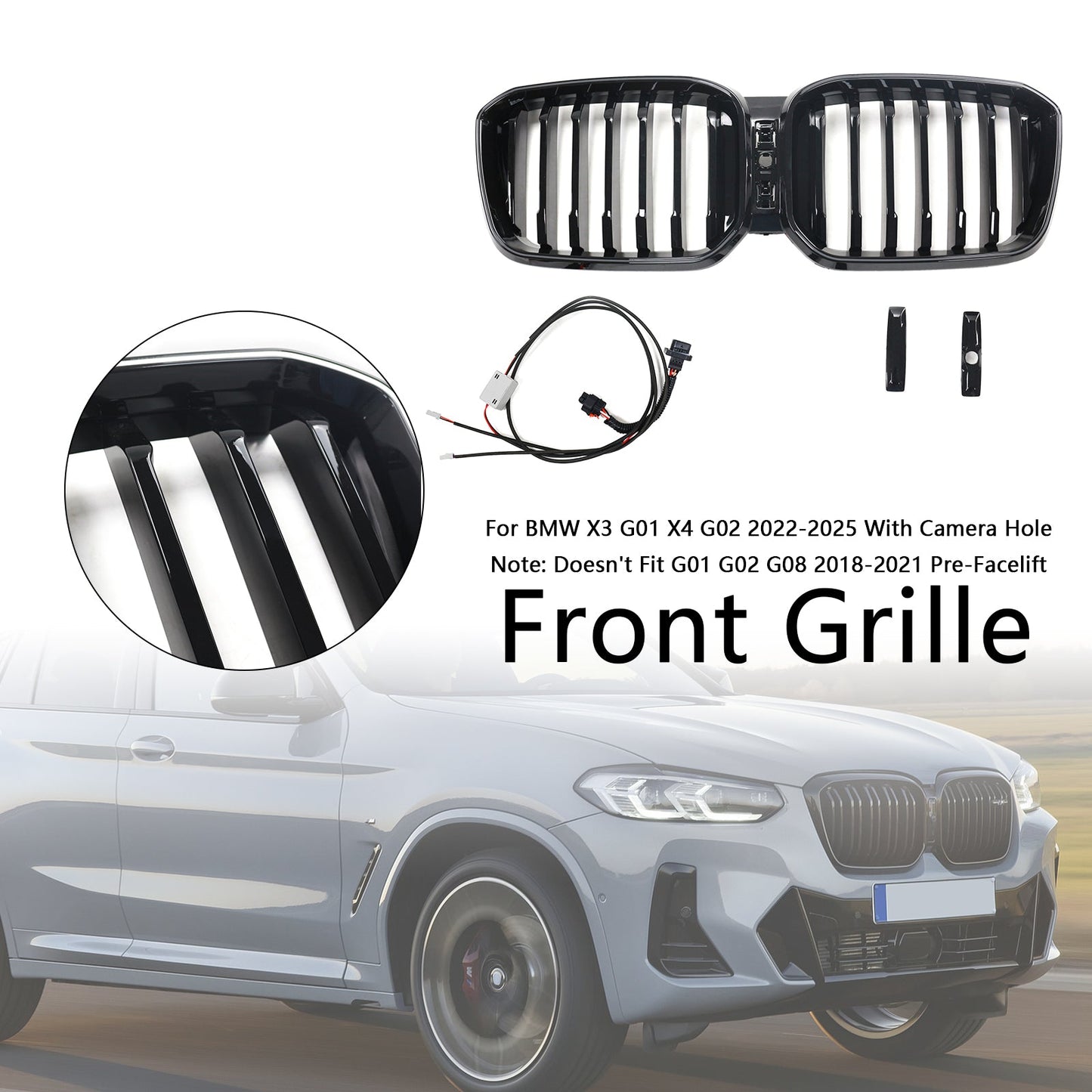 Griglia a rene paraurti anteriore nero lucido BMW X3 G01 X4 G02 2022-2025 con foro per telecamera