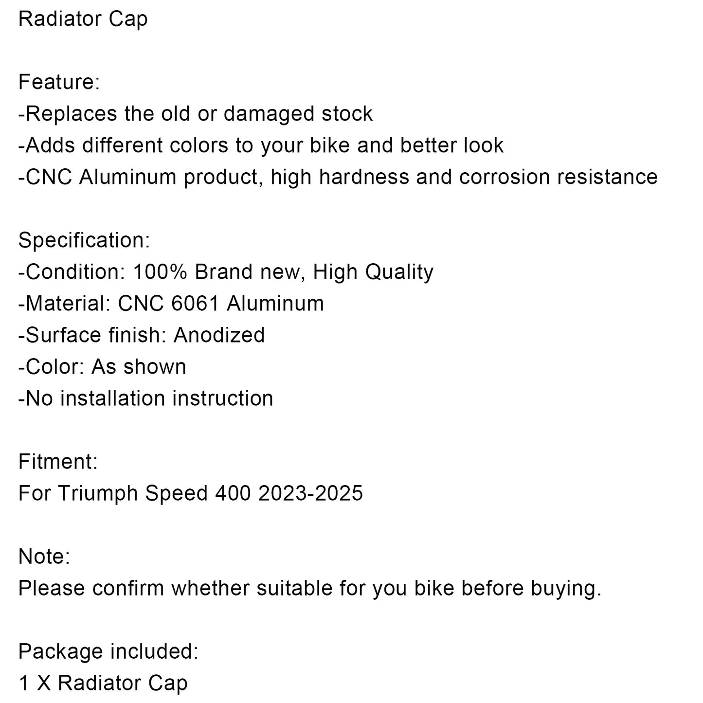 Coperchio del radiatore Triumph Speed 400 2023-2025, tappo del liquido di raffreddamento