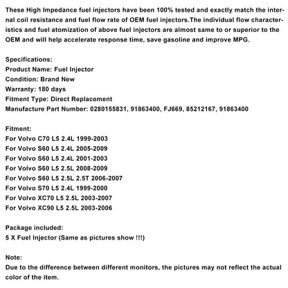 Iniettore di carburante 5 pezzi 0280155831 adatto per Volvo S60 S80 C70 XC90 2.4L 2.5L 1998-2009