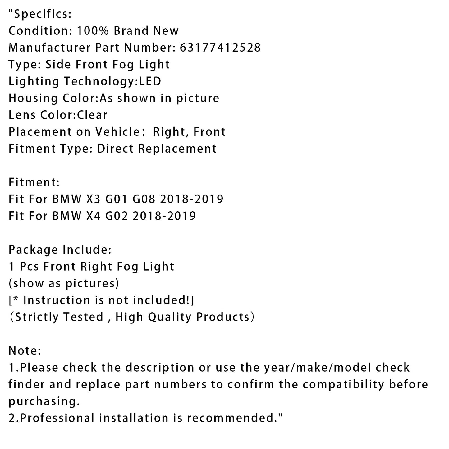 BMW X3 G01 G08 X4 G02 2018-2019, 1 pezzo, fendinebbia anteriore destro a LED, 63177412528