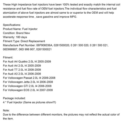 2008-2009 Audi TT 2.0L I4 4PCS Iniettore di carburante 06F906036A