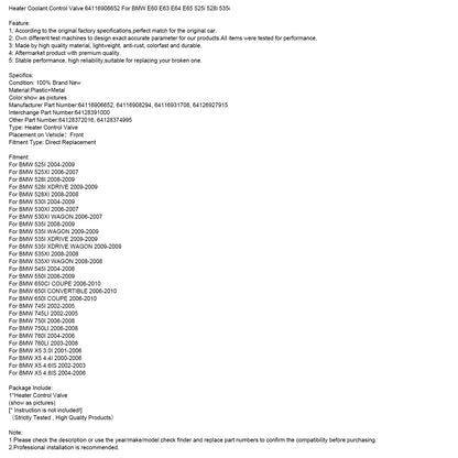 Valvola di controllo del liquido di raffreddamento del riscaldatore 64116906652 per BMW E60 E63 E64 E65 525i