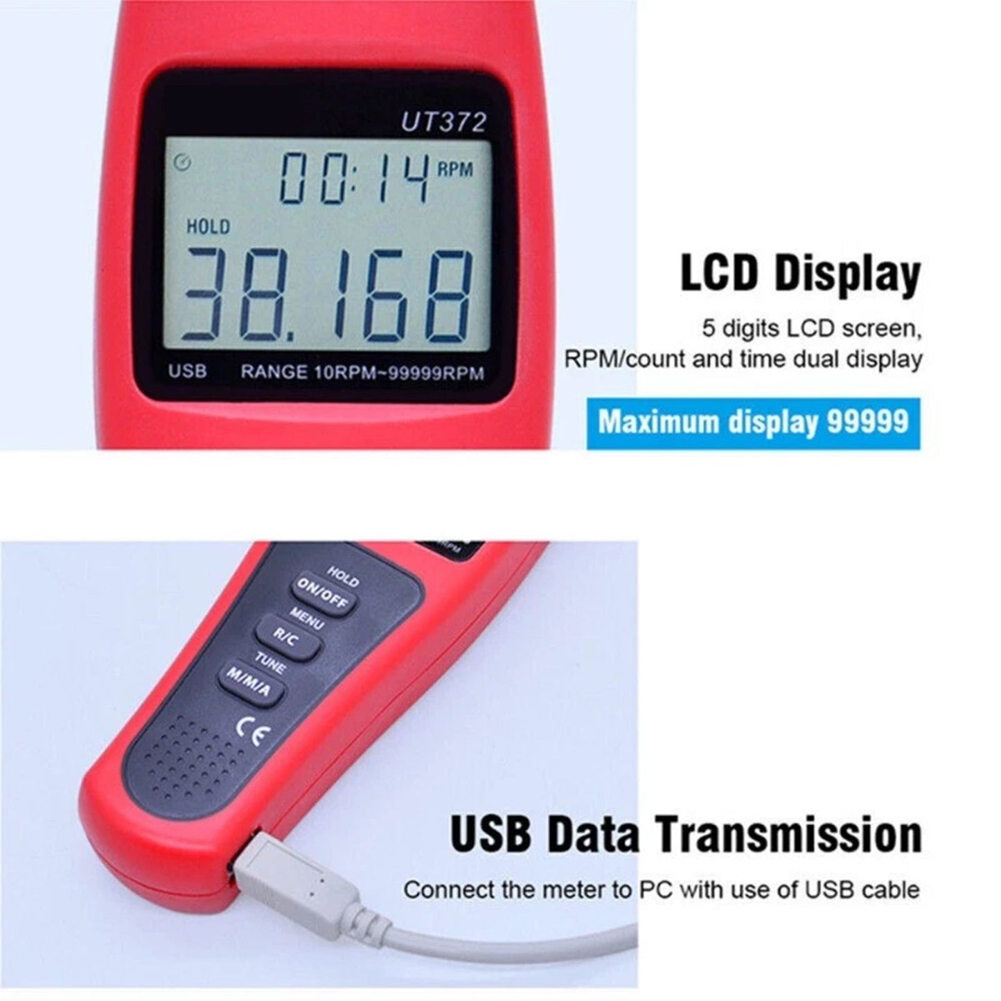 Tachimetro digitale laser senza contatto UT372, misuratore di velocità di rotazione fino a 99999 giri/min.