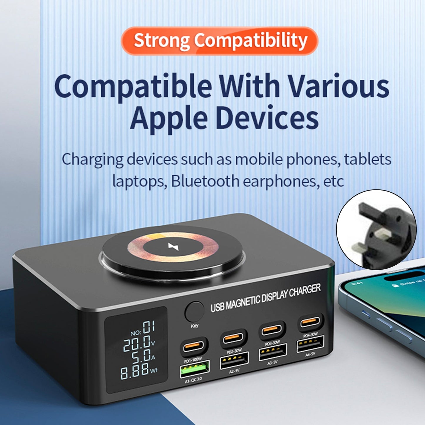 Caricabatterie USB multiporta intelligente per notebook PD100W, caricabatteria rapido da 140 W, Regno Unito