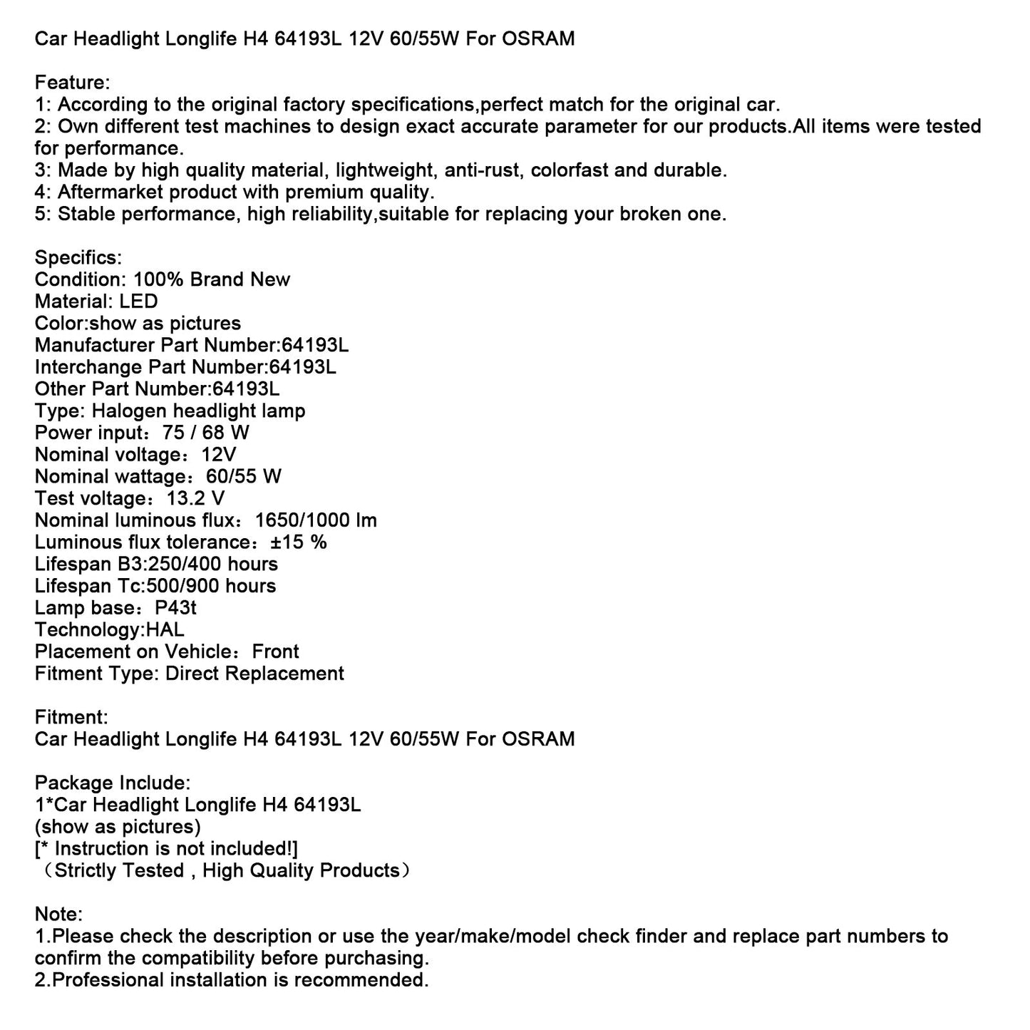 Faro auto Longlife H4 64193L 12V 60/55W per OSRAM