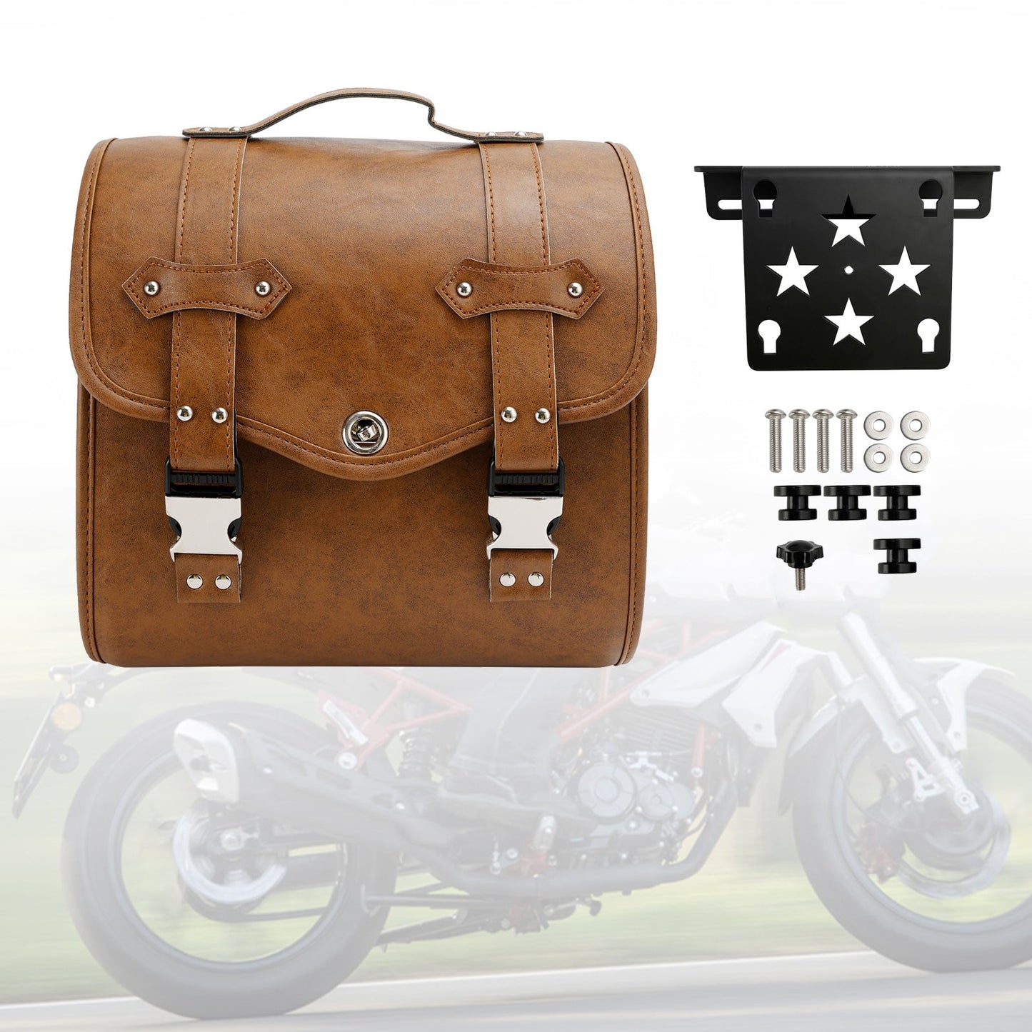 Set di borse laterali a sgancio rapido con staffa, colore marrone, per riporre bagagli su moto.