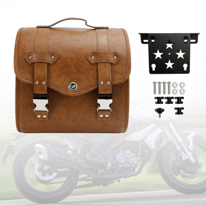 Set di borse laterali a sgancio rapido con staffa, colore marrone, per riporre bagagli su moto.