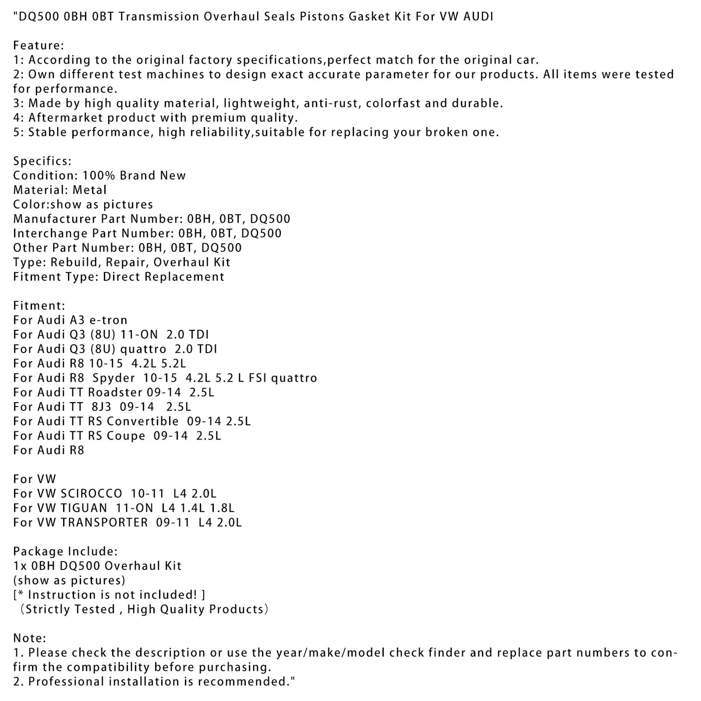Kit guarnizioni pistoni revisione trasmissione VW TIGUAN L4 1.4L 1.8L 2011-ON DQ500 0BH 0BT