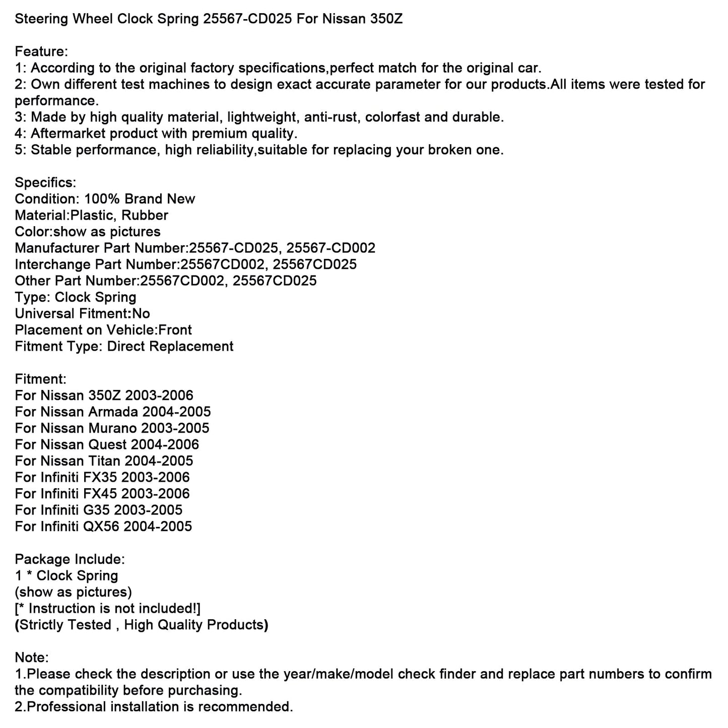 Molla dell'orologio del volante 25567-CD025 per Nissan 350Z