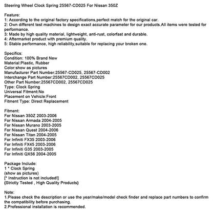 Molla dell'orologio del volante 25567-CD025 per Nissan 350Z