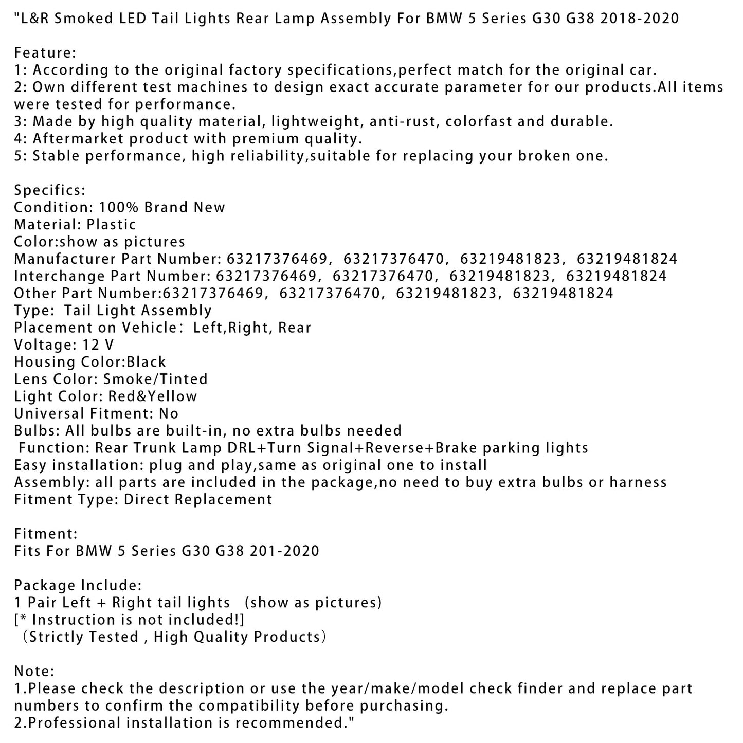 Gruppo ottico posteriore a LED fumé per BMW 5 G30 G38 L&amp;R 2018-2020 63217376469 63217376470