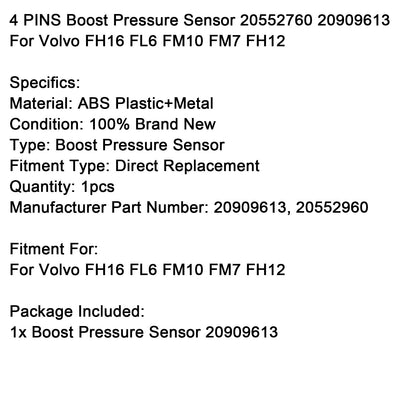 Volvo FH16 FL6 FM10 FM7 FH12 4 PIN Sensore di pressione di sovralimentazione 20552760 20909613