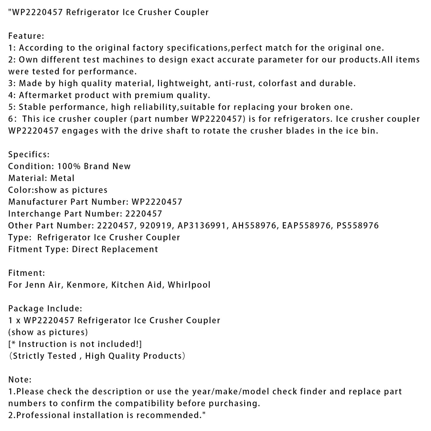 WP2220457 Accoppiatore per tritaghiaccio per frigorifero
