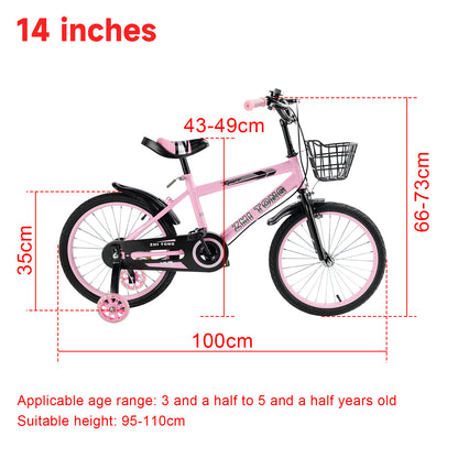 Bicicletta per bambini da 14 pollici, Sedile e maniglia regolabili, Telaio in acciaio al carbonio, Doppi freni, Ruote radio a prova di urti, Ruota flash magnetica, Ruote di sostegno smontabili