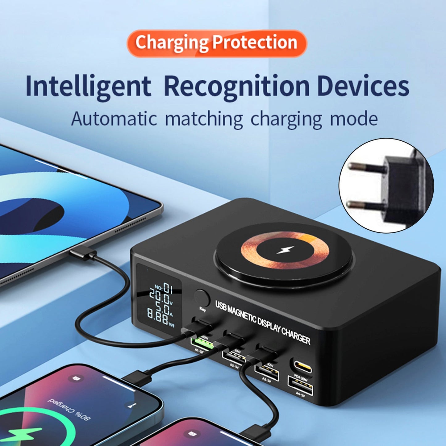 Caricabatterie rapido da 140 W con display digitale intelligente PD100W per telefoni cellulari e notebook, caricabatterie multiporta USB magnetico con ricarica wireless, spina UE
