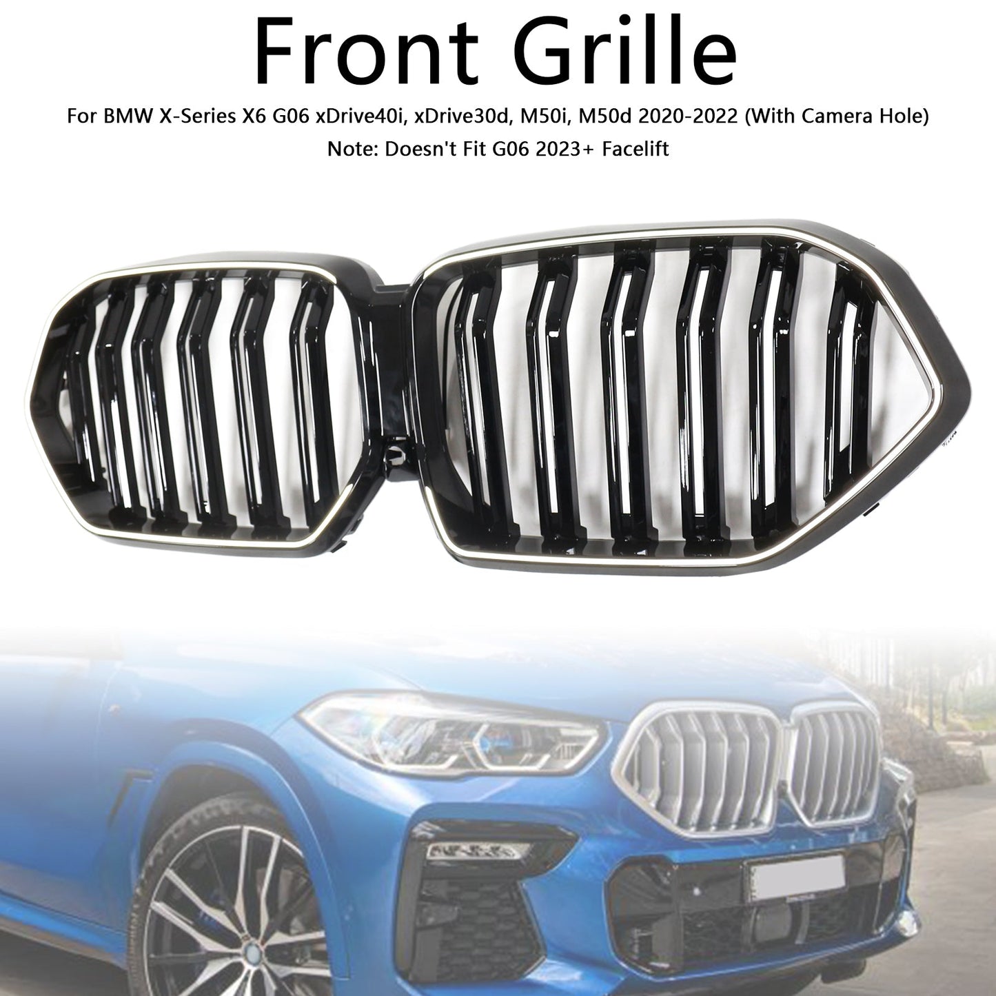 2020-2022 BMW X6 G06 M50i con foro per telecamera, griglia paraurti anteriore nera lucida
