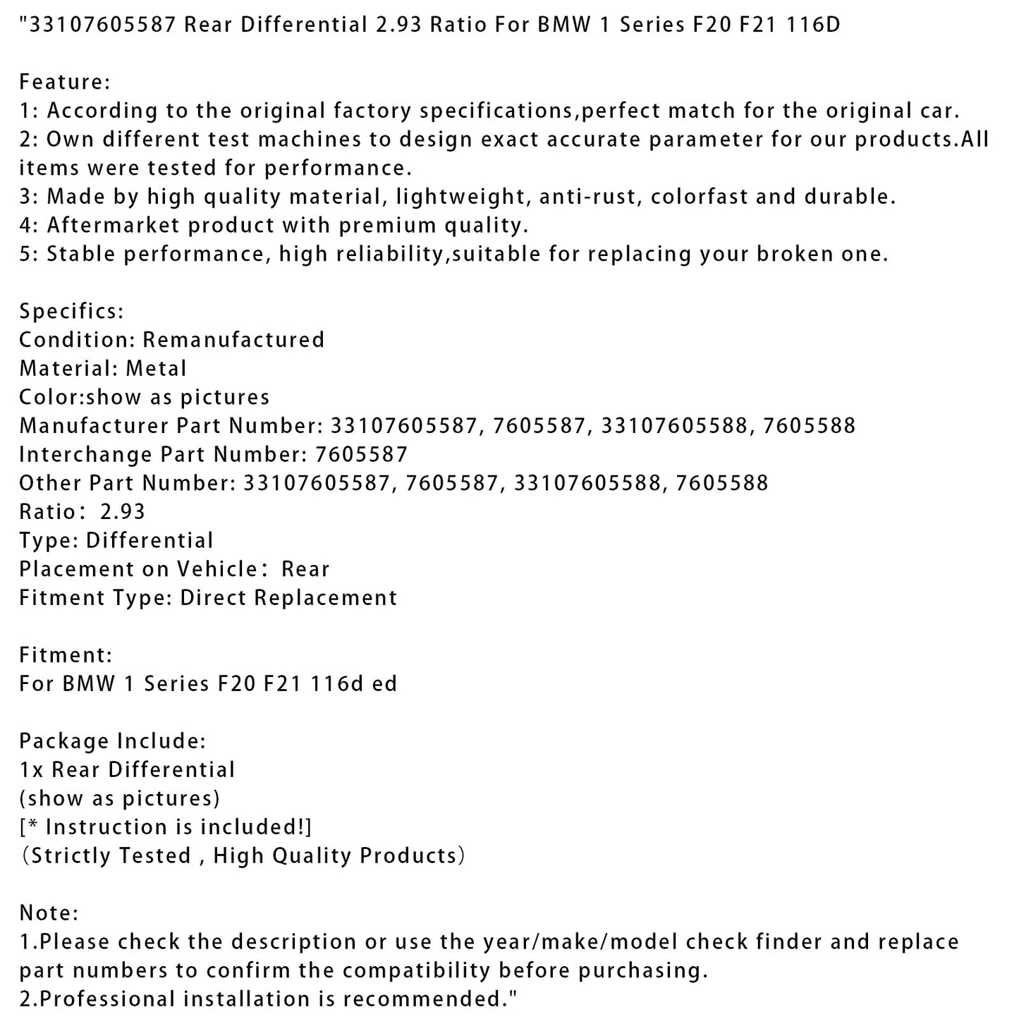 Differenziale posteriore BMW Serie 1 F20 F21 116D rapporto 2,93 33107605587
