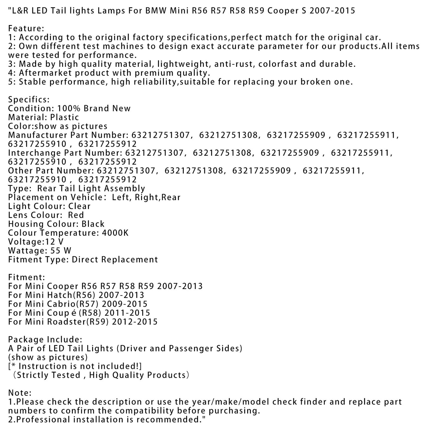 Fanali posteriori a LED L&amp;R per Mini Roadster (R59) 2012-2015, colore grigio 63212751307