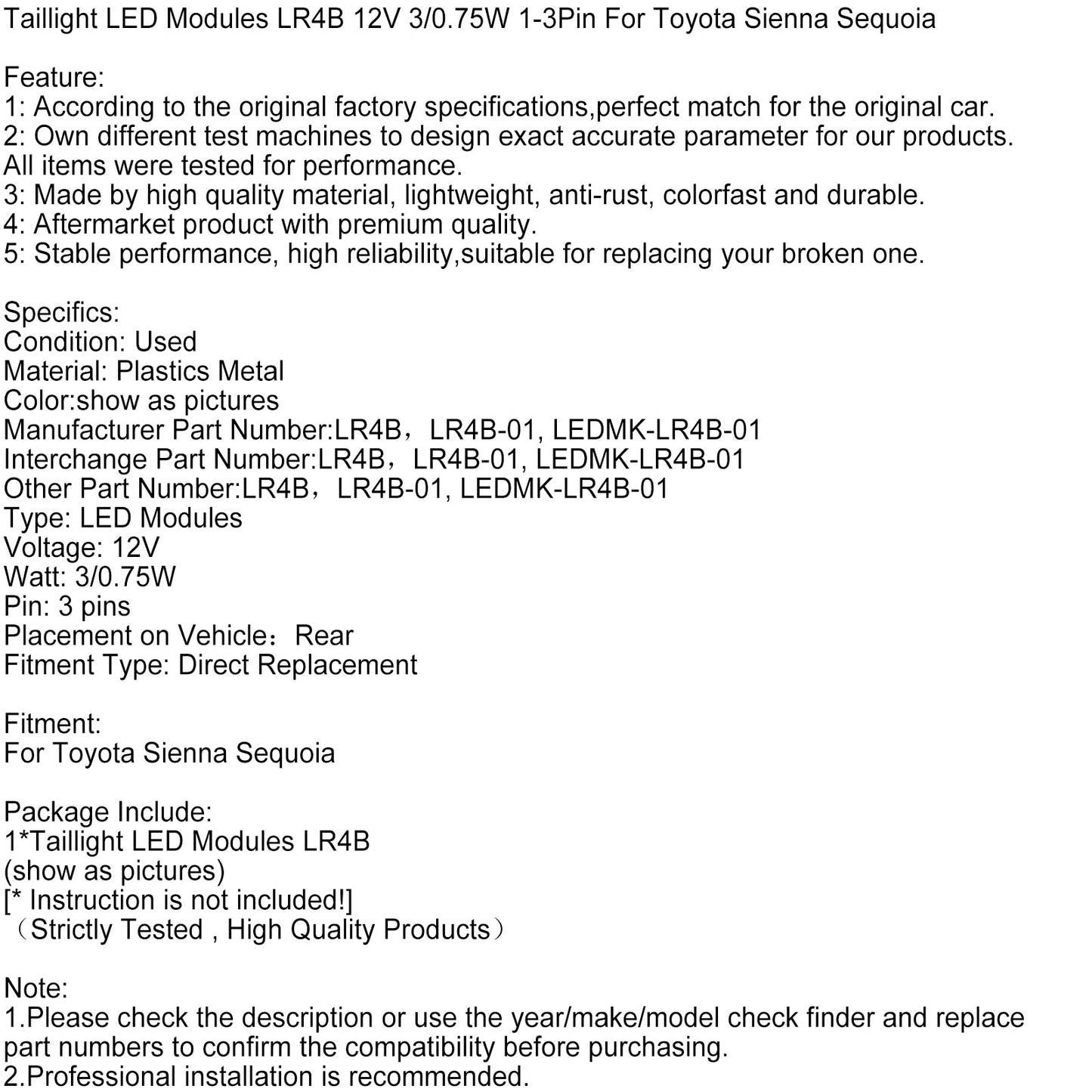 Moduli LED per fanali posteriori LR4B 12V 3/0,75W 1-3 pin per Toyota Sienna Sequoia