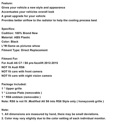 Griglia anteriore a nido d'ape in stile RS6 adatta ad Audi A6 S6 C7 2012-2015