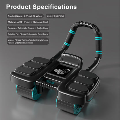 Attrezzatura portatile per palestra domestica Blue Perfect Core Trainer per uomo e donna Ruota per addominali con rimbalzo automatico con supporto per il gomito e stabilità a 4 ruote - Include timer