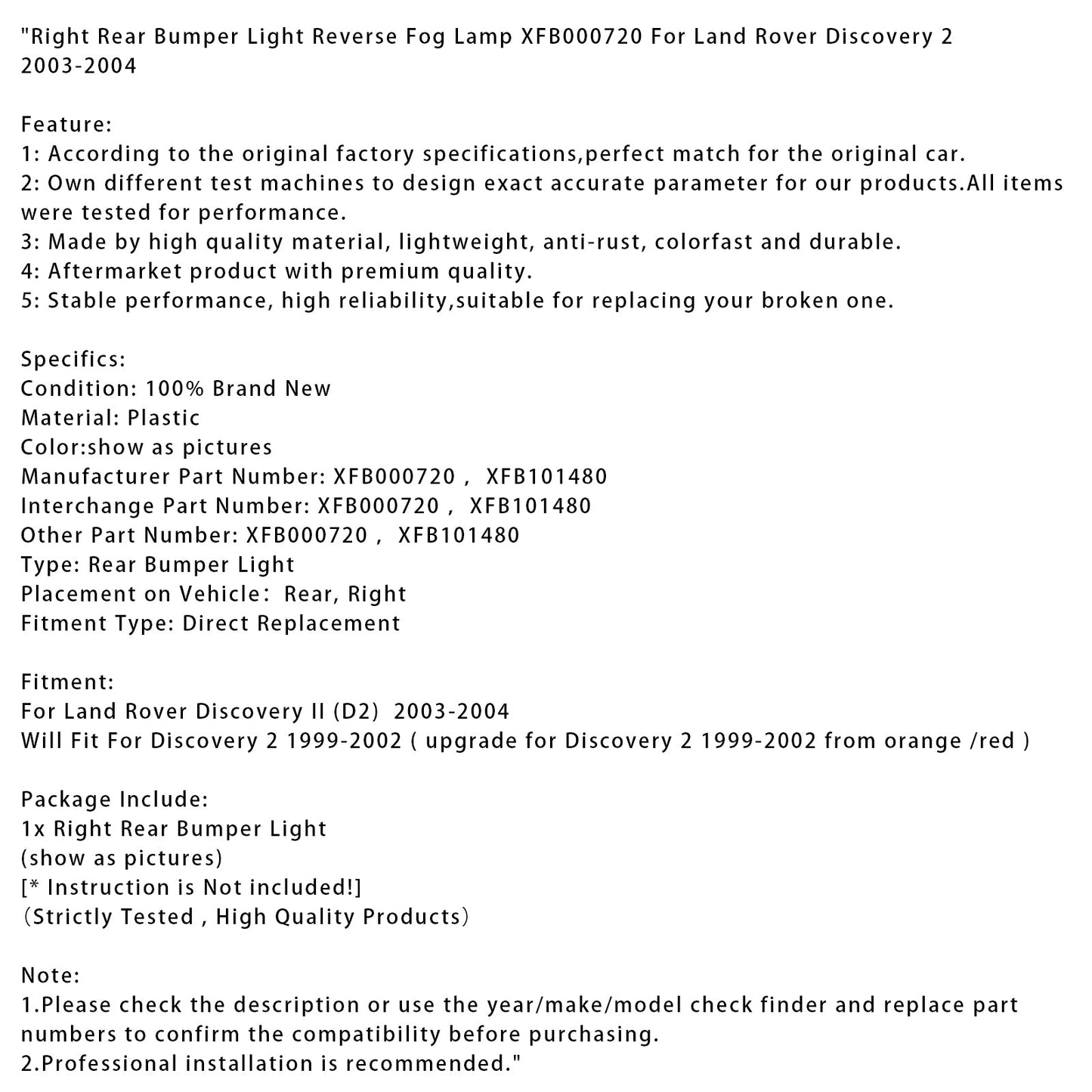 Luce paraurti posteriore destra Land Rover Discovery 2 2003-2004, luce fendinebbia di retromarcia