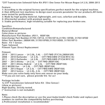 Kit elettrovalvola di trasmissione JF011 One Senor per Rogue 2008-2013 – L4 2.5L – CVT FWD/AWD (RE0F10A)
