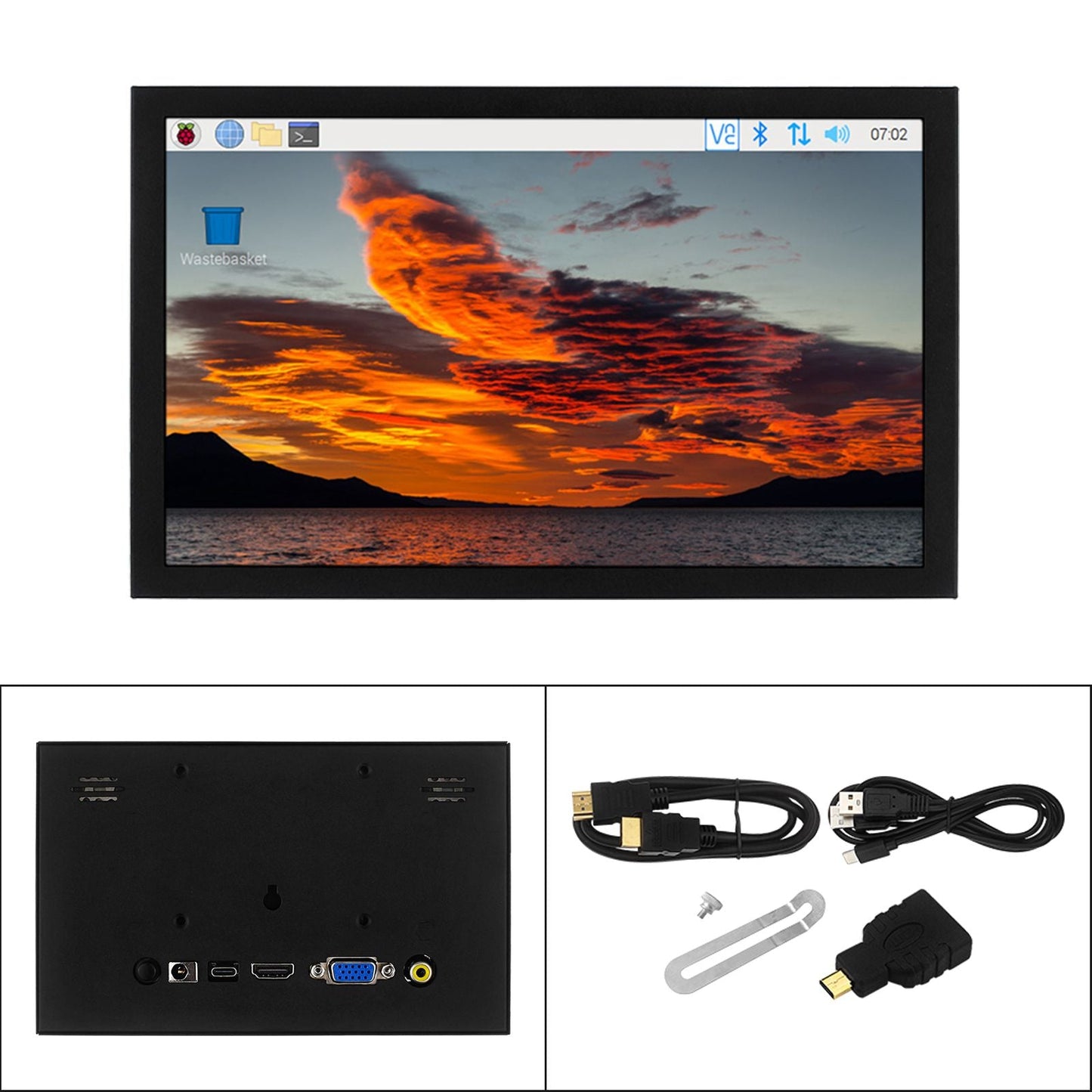 Schermo di monitoraggio per PC Raspberry Pi con display IPS HD da 7 pollici, interfaccia VGA/AV/HDMI