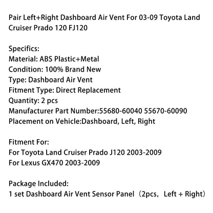 2003-2009 Toyota Land Cruiser Prado 120 FJ120 Coppia bocchette aria cruscotto sinistra+destra 55680-60040