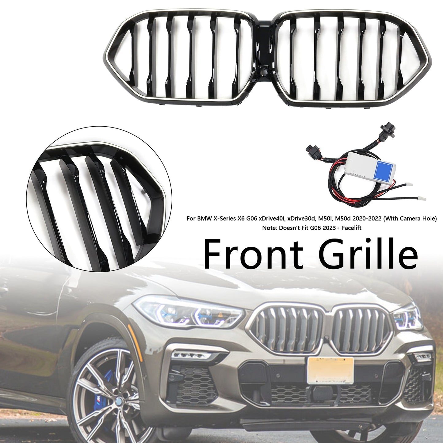 Griglia paraurti anteriore nera BMW X6 G06 M50i 2020-2022 con foro per telecamera