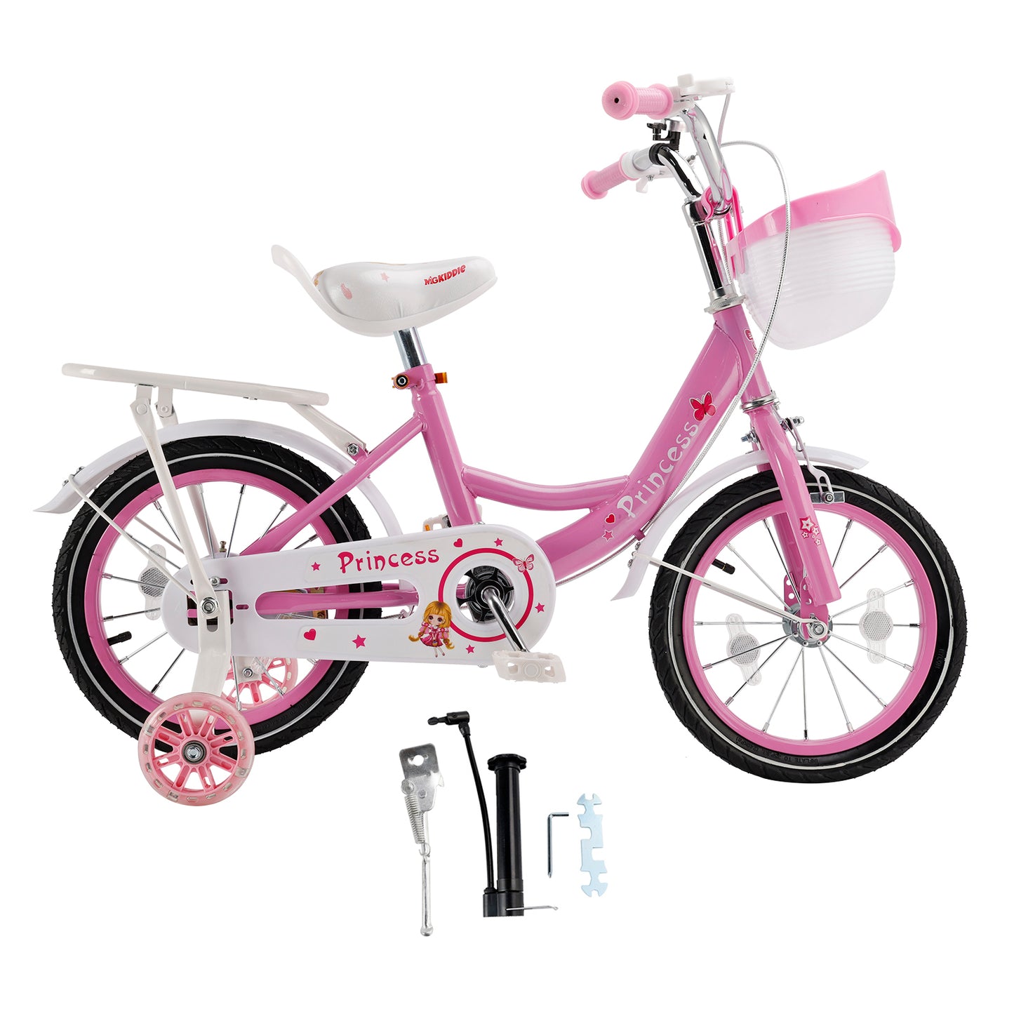 Bicicletta da principessa per bambini da 18" per ragazze, con ruote da allenamento rimovibili, rosa/viola