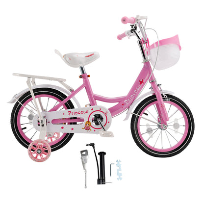 Bicicletta da principessa per bambini da 18" per ragazze, con ruote da allenamento rimovibili, rosa/viola