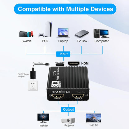 Splitter HDMI 8K 1 a 2 HD2.1 8K60hz/4K120hz/1080P240hz con EDID Splitter 1x2