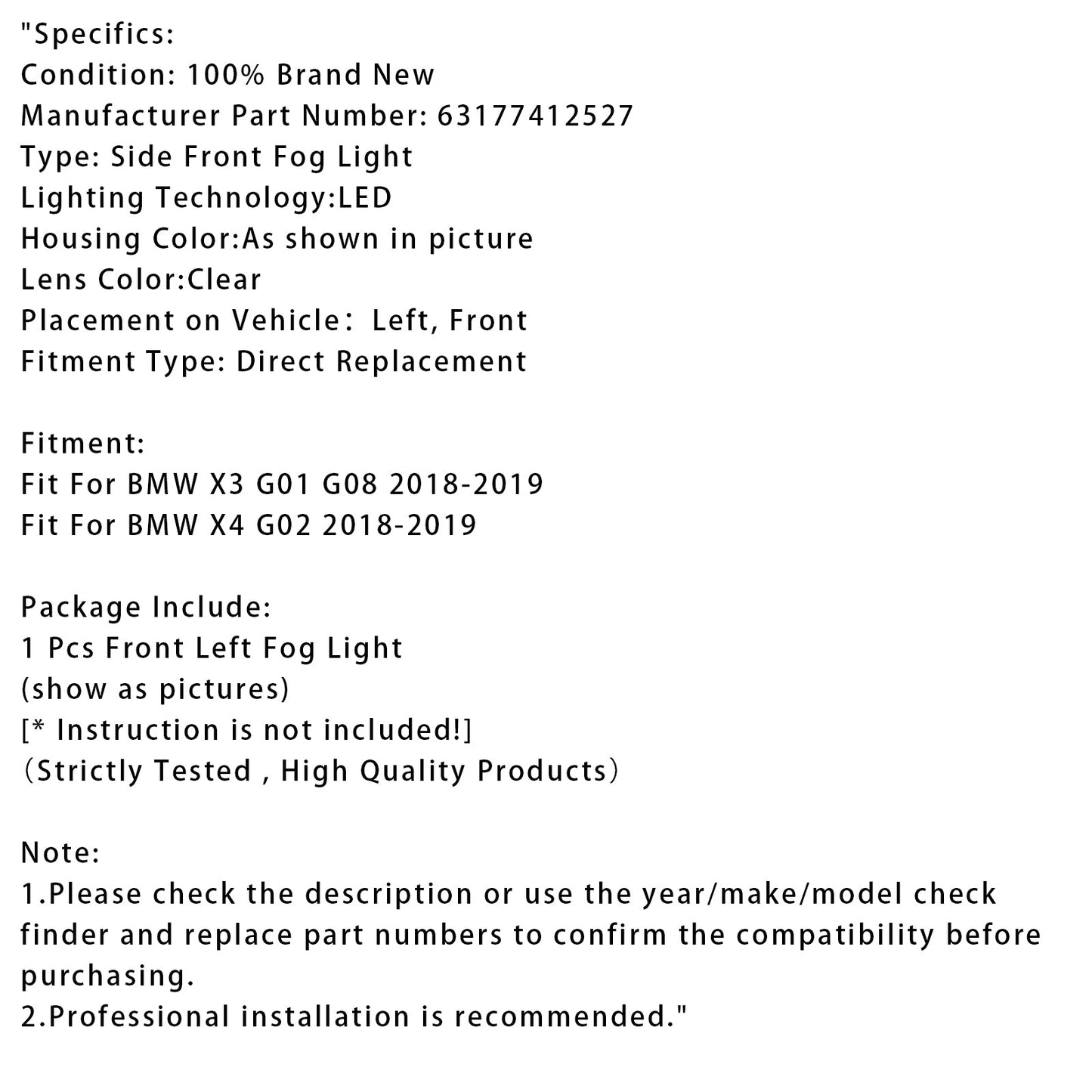 BMW X3 G01 G08 X4 G02 2018-2019, 1 pezzo, fendinebbia anteriore sinistro a LED, 63177412527