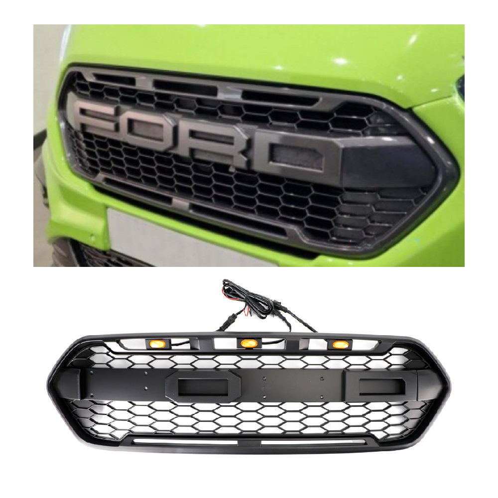 Ford Transit Custom Trail 2018-2023 con griglia del paraurti anteriore stile Raptor nero opaco a 3 LED