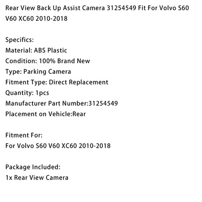 Telecamera posteriore per la retromarcia Per Volvo S60 V60 XC60 2010-2018