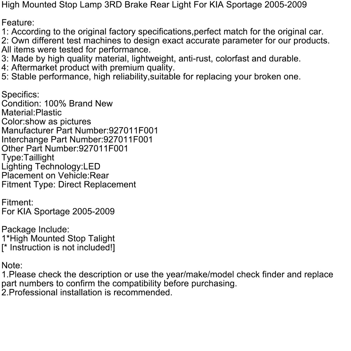 Luce Stop Elevata 3ª Luce Posteriore Per KIA Sportage 2005-2009