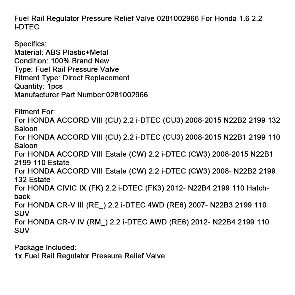 Valvola di pressione del rail carburante 0281002966 Per Honda 1.6 2.2 I-DTEC