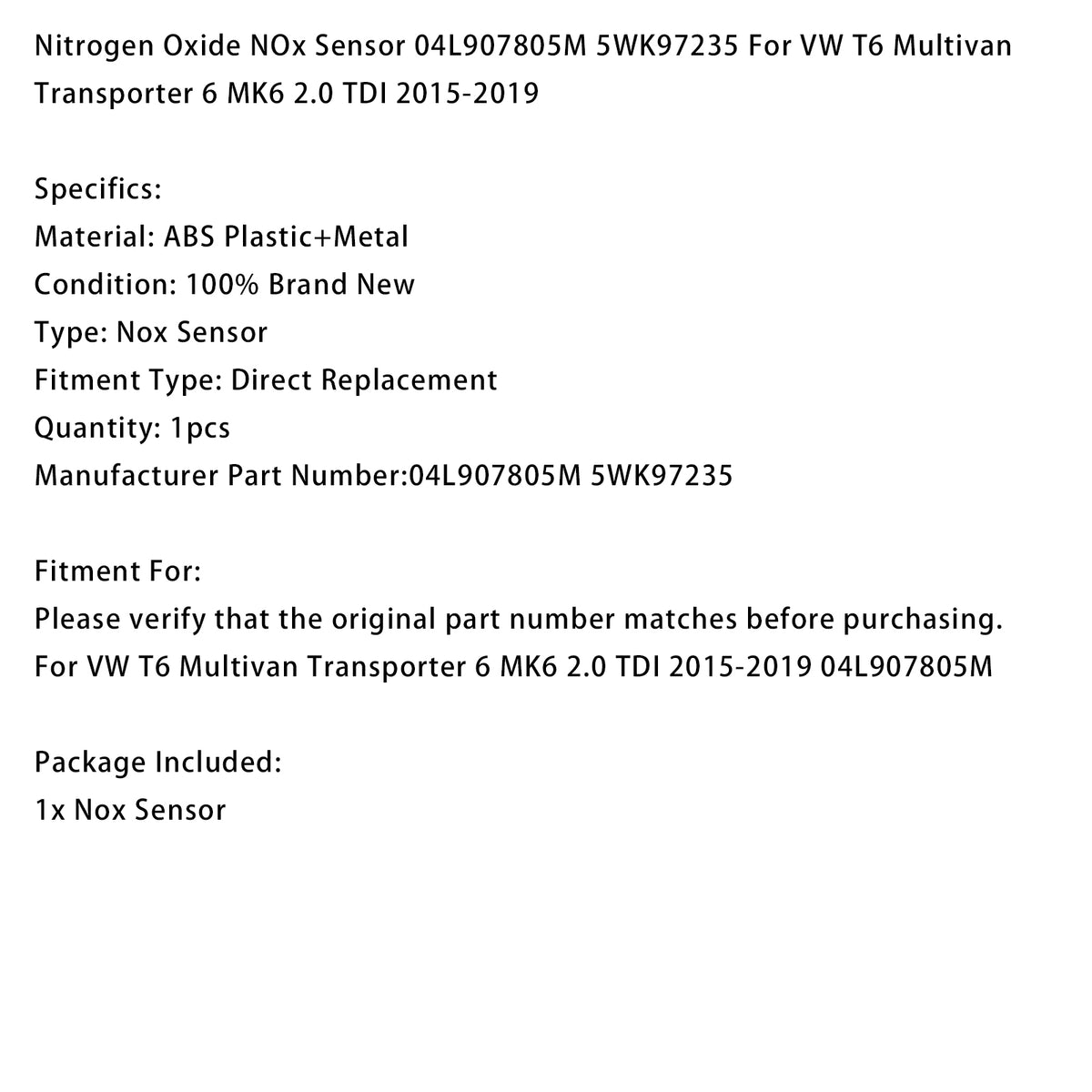 Nitrogen Oxide NOx Sensor 04L907805M Per VW T6 Multivan Transporter 6 2015-2019