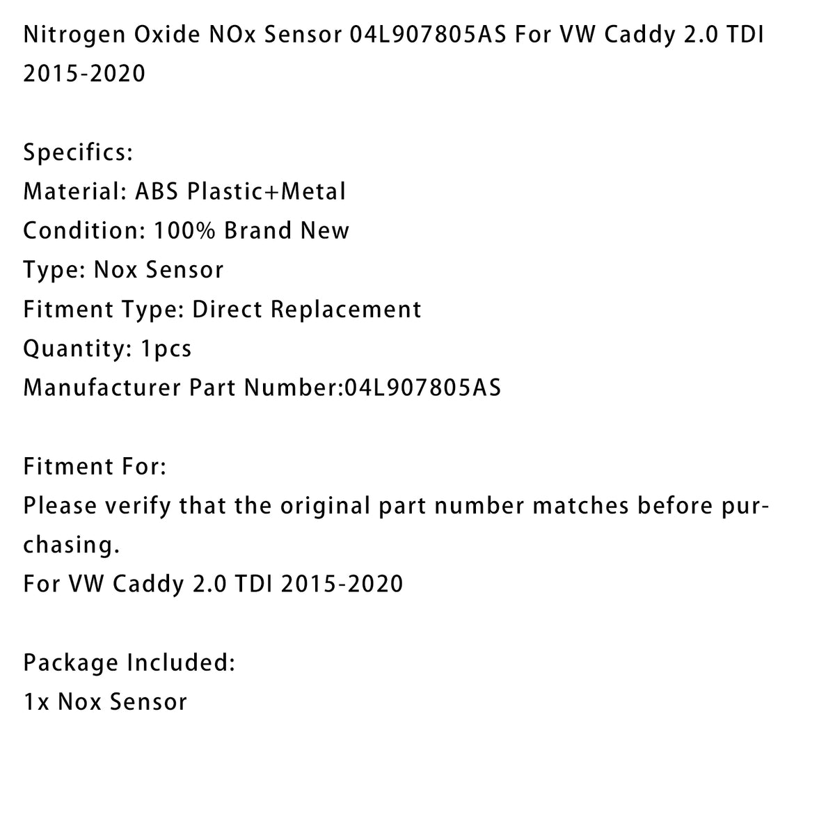 Nitrogen Oxide NOx Sensor 04L907805AS Per VW Caddy 2.0 TDI 2015-2020