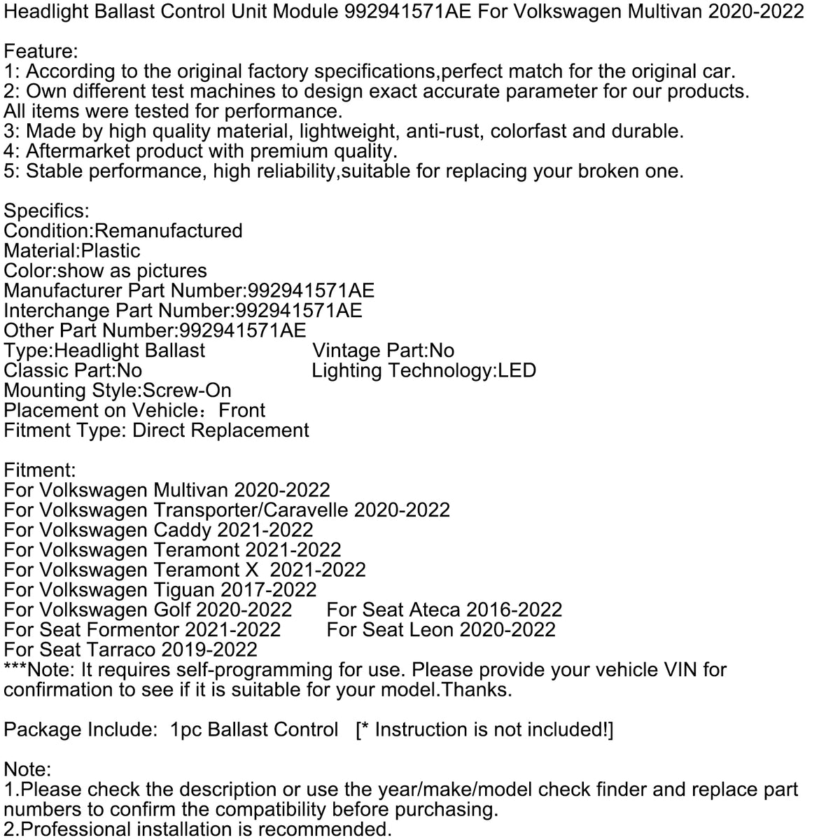 Modulo Unità Controllo Ballast Faro 992941571AE Per VW Multivan 2020-2022