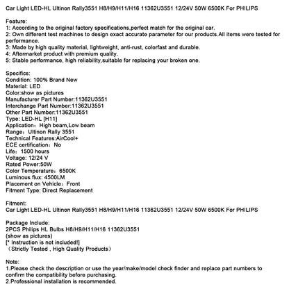 Luce auto LED-HL Ultinon Rally3551 H8/H9/H11/H16 12/24V 50W 6500K per PHILIPS