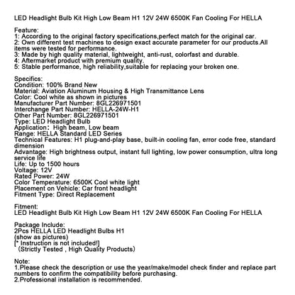Kit Lampada LED Faro Bi-luce H1 12V 24W 6500K Raffreddata Ventola Per HELLA