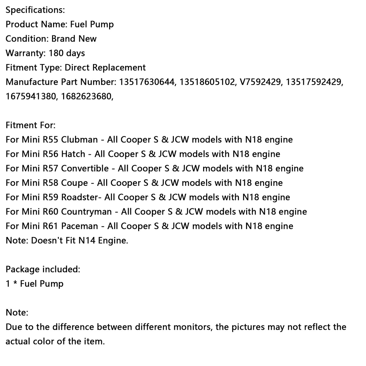 Mini R61 Paceman-Tutti i modelli Cooper S e JCW con motore N18 High Pressure Fuel Pump 13517592429