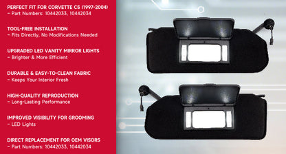 1997-2004 Corvette C5 10442033 10442034 Visiera parasole specchietto di cortesia Coppia di alette parasole nere ombreggiate