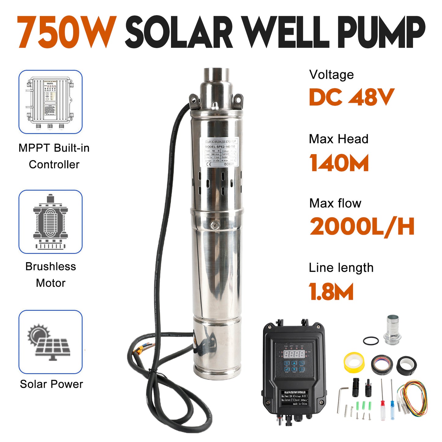 Testa della pompa dell'acqua sommergibile solare da pozzo profondo da 3 "48 V 750 W 140 M