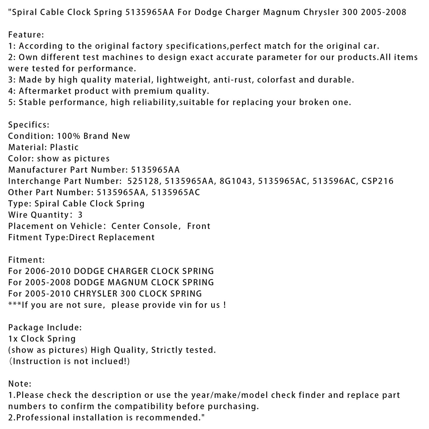 Molla per orologio con cavo a spirale 5135965AA per Dodge Charger Magnum Chrysler 300 05-08