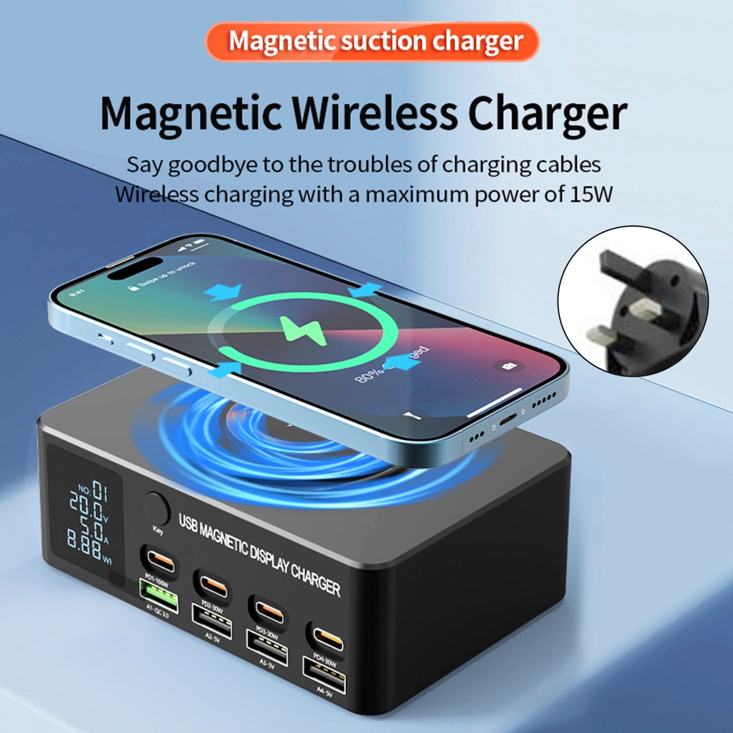 Caricabatterie USB multiporta intelligente per notebook PD100W, caricabatteria rapido da 140 W, Regno Unito